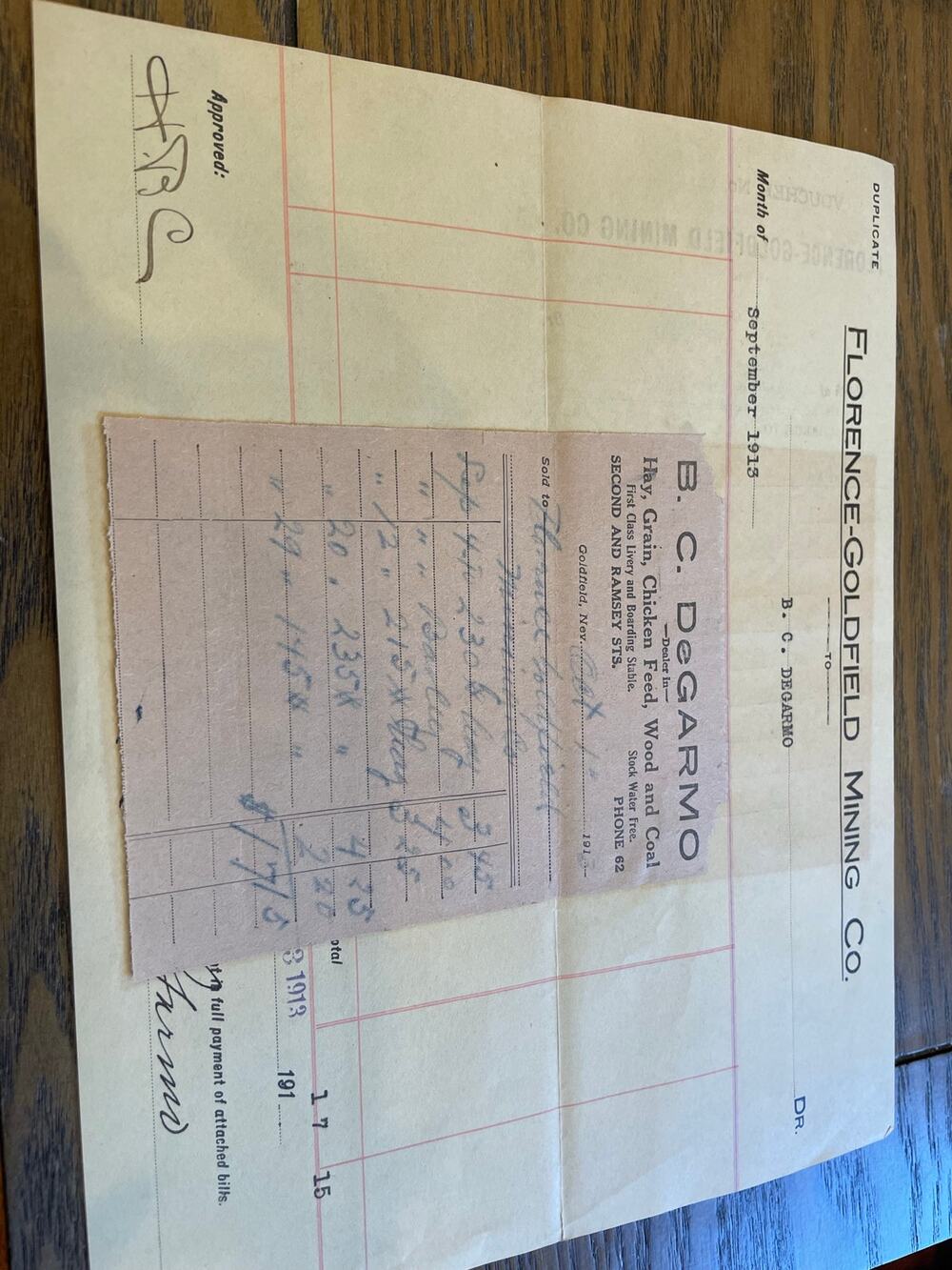 1912-1913 Florence-Goldfield Mining Co Goldfield NV Voucher Receipt Lot